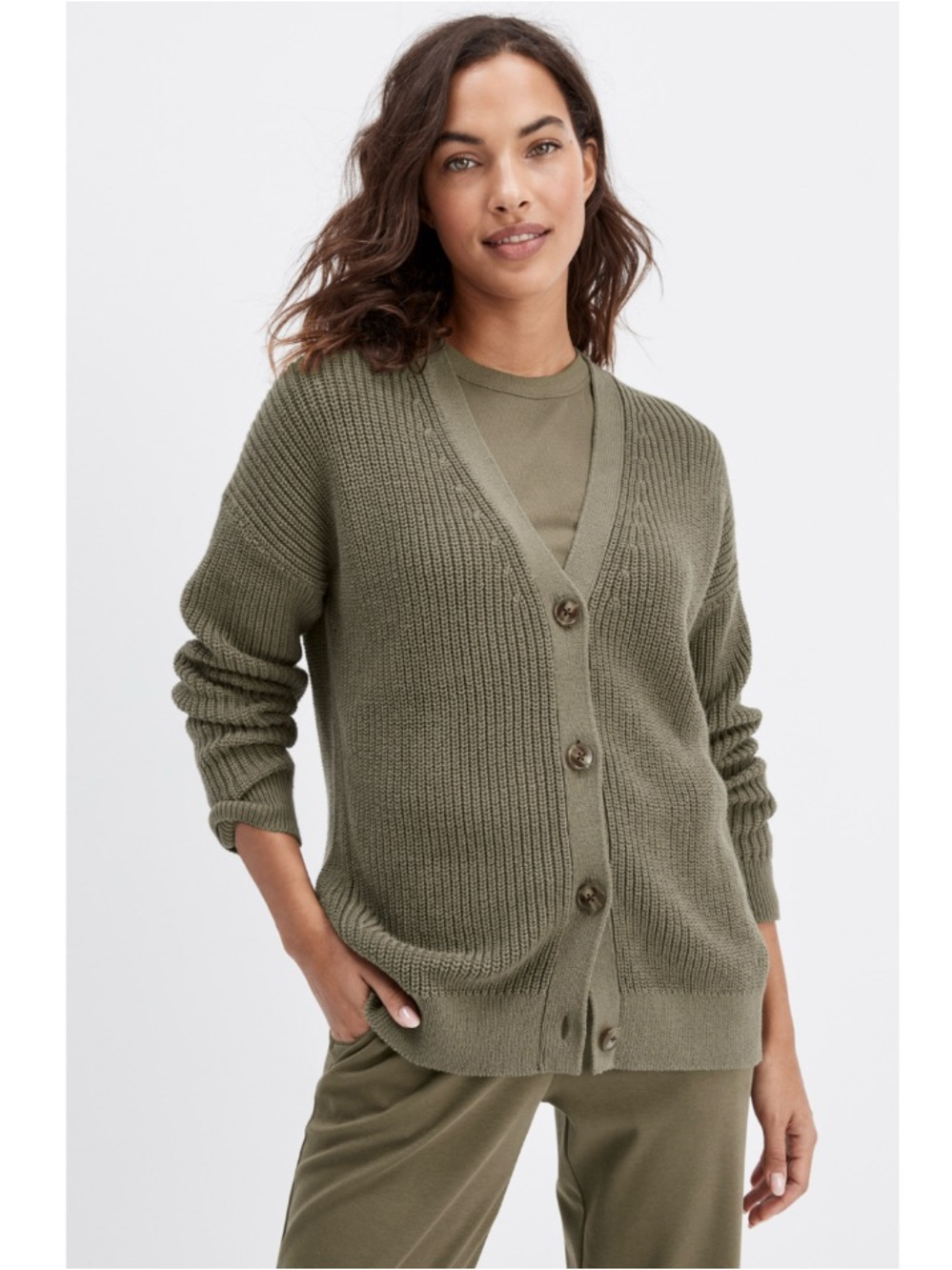 Talbots Organic Cotton Shaker Stitch Cardigan V-Neck Button-Up Sweater Green XL